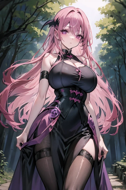 A pink haired female vampire with violet eyes with an hourglass figure in a Gothic ballgown is exploring a creepy forest