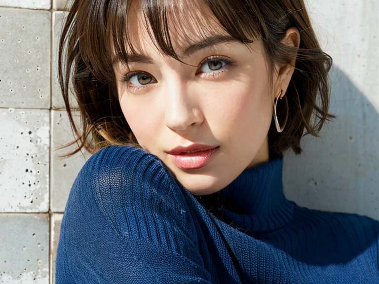 (A hyper-realistic), , (hight resolution), (8K), (ighly detailed), (The best illustrations), (beatiful detailed eyes), (top-quality), (ultra-detailliert), (masterpiece), (mortar wallpaper), (Detailed face), a park,Armpit, Thick,,,solo,Girl wearing dark blue long-sleeved turtleneck knit and striped shirt, full of sweat, japanes, ,Concrete background、Tile background、Upper body、Curly hair,Realistic eyes,Pixie Cut