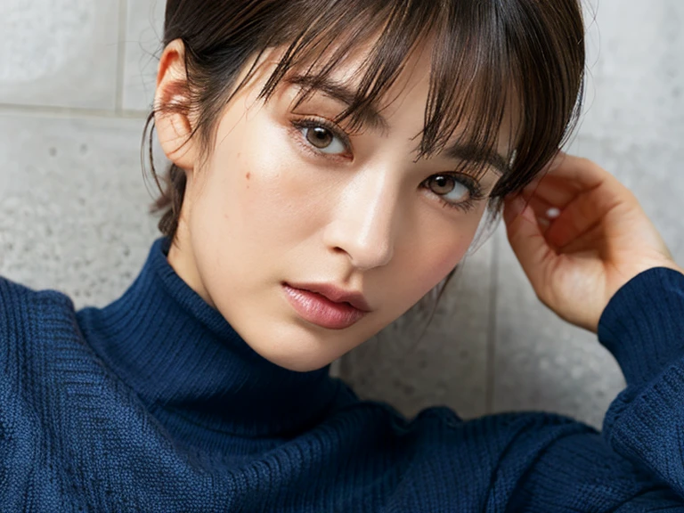 (A hyper-realistic), , (hight resolution), (8K), (ighly detailed), (The best illustrations), (beatiful detailed eyes), (top-quality), (ultra-detailliert), (masterpiece), (mortar wallpaper), (Detailed face), a park,Armpit, Thick,,,solo,Girl wearing dark blue long-sleeved turtleneck knit and striped shirt, full of sweat, japanes, ,Concrete background、Tile background、Upper body、Curly hair,Realistic eyes,Pixie Cut
