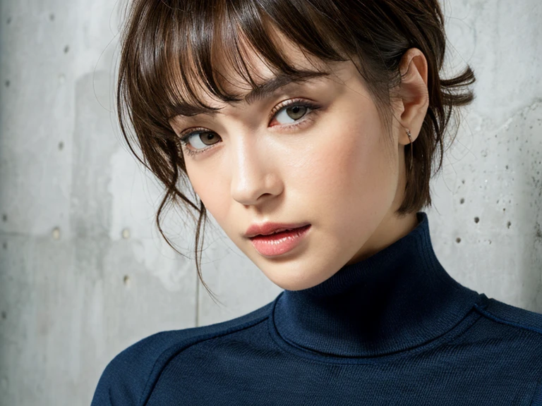 (A hyper-realistic), , (hight resolution), (8K), (ighly detailed), (The best illustrations), (beatiful detailed eyes), (top-quality), (ultra-detailliert), (masterpiece), (mortar wallpaper), (Detailed face), a park,Armpit, Thick,,,solo,Girl wearing dark blue long-sleeved turtleneck knit and striped shirt, full of sweat, japanes, ,Concrete background、Tile background、Upper body、Curly hair,Realistic eyes,Pixie Cut