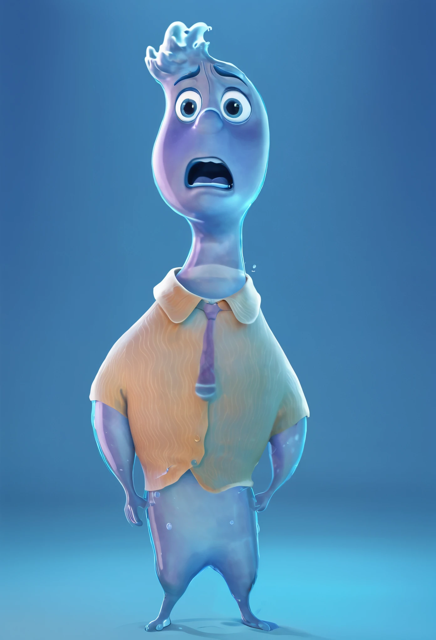 wade concept art, wade standing, full body portrait, view from left side, (((view from side))), wade standing in profile, wade in fear, opened big eyes, opened mouth, wondering emotion, blue background