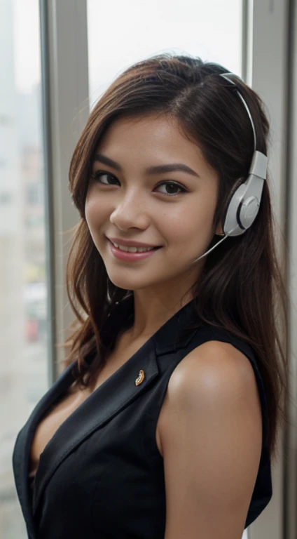 The face is a histess3、Wearing a headset、business jacket, usd, chna money, exchange money, hiquality、A hyper-realistic、healthy、Smiling expression、Slender perfect figure、Thai beauties、beautidful eyes、face perfect、Beautiful skin、by the window