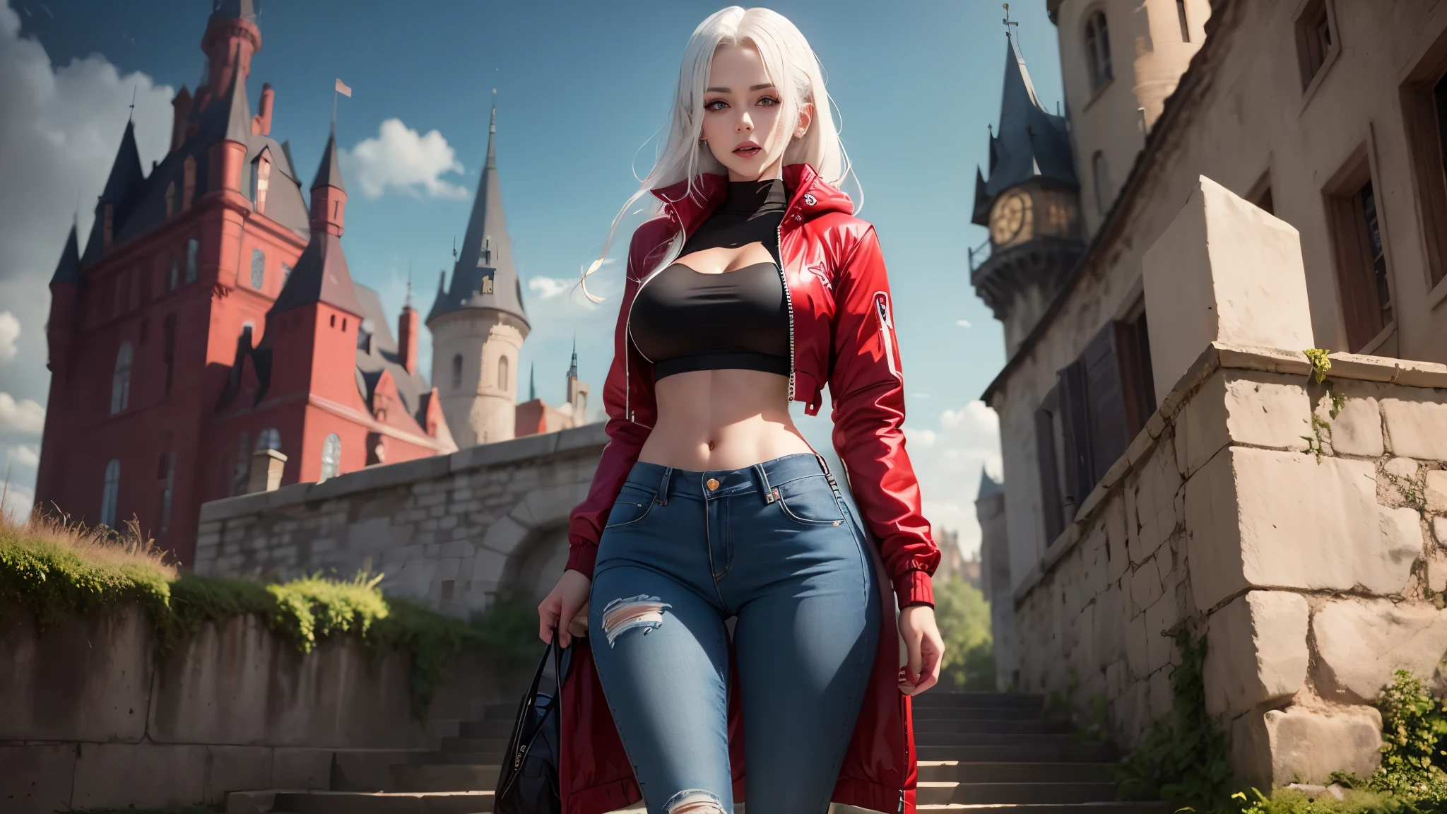 Beautiful white skin women, vampire, white hair, ((red eyes)), glowing eyes:1.5, large breasts, slim waist, thick thighs, red cropped jacket, black sports bra, jeans pants, sneakers, full-body_portrait, dark area, castle in the distance 