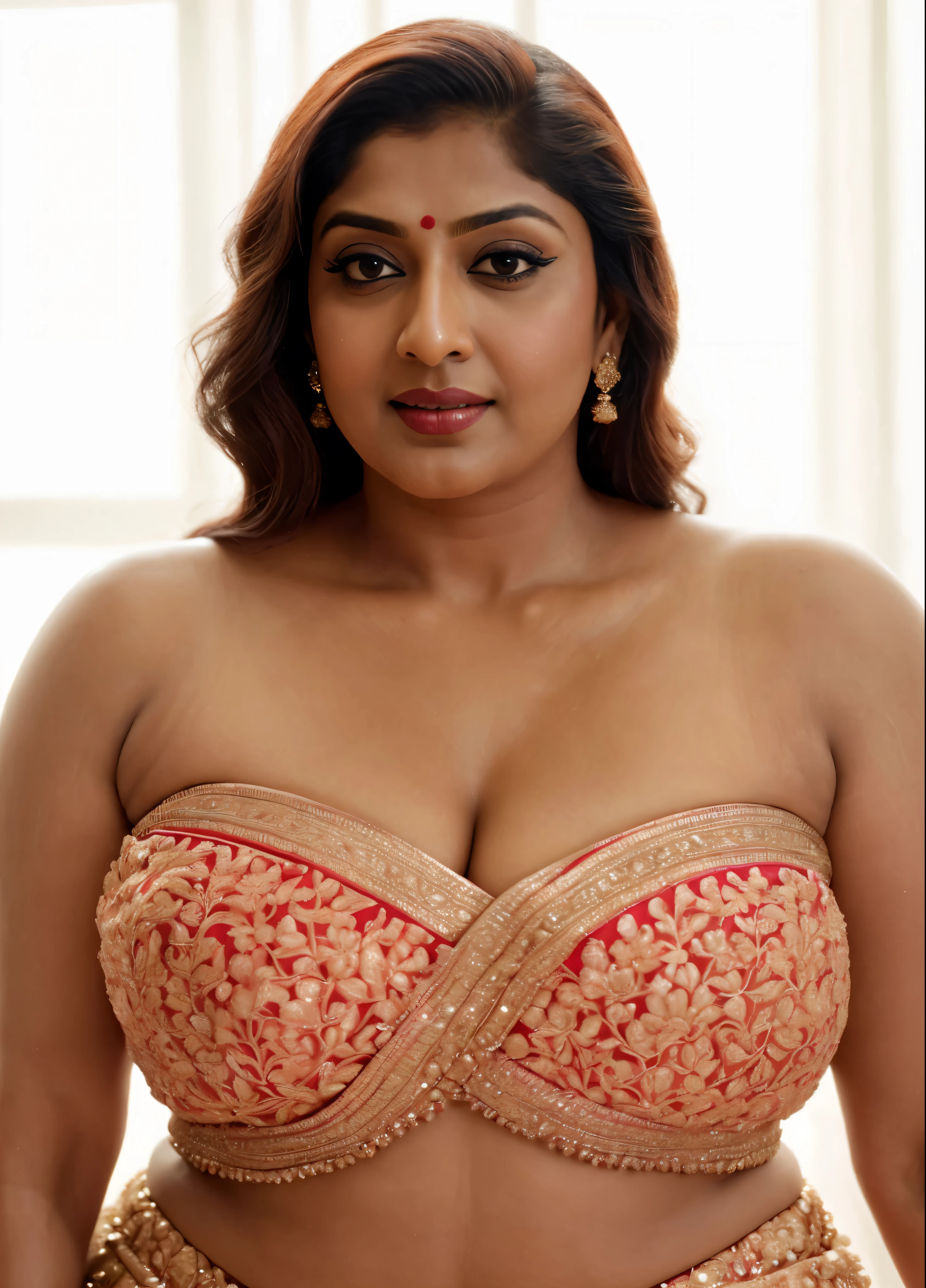 Wearing a sexy satin saree with strapless Bra, sexy Indian housewife, Looks like Indian Actress Nayanthara, actress Nayanthara, mallu, mallu aunty, desi aunty, full figured mature beauty,  sweaty skin , shining skin, sweat, attractive figure, 48 years old, spicy hot, desi milf, desi aunty, a close up of a woman in a red dress in a bedroom, inspired by Avigdor Arikha, sleek!!!, indian super model, wavy hair combed to one side, actress, by Jitish Kallat, smoldering, intense smoldering, fashion, an angel, print ready, with a dramatic looking, inspired by Sudip Roy, seductive look, sexy Saree queen, sexy Saree fashion, seductive Saree,  wear saree, sizzling hot Beauty, red juicy lips, detailed armpits, 