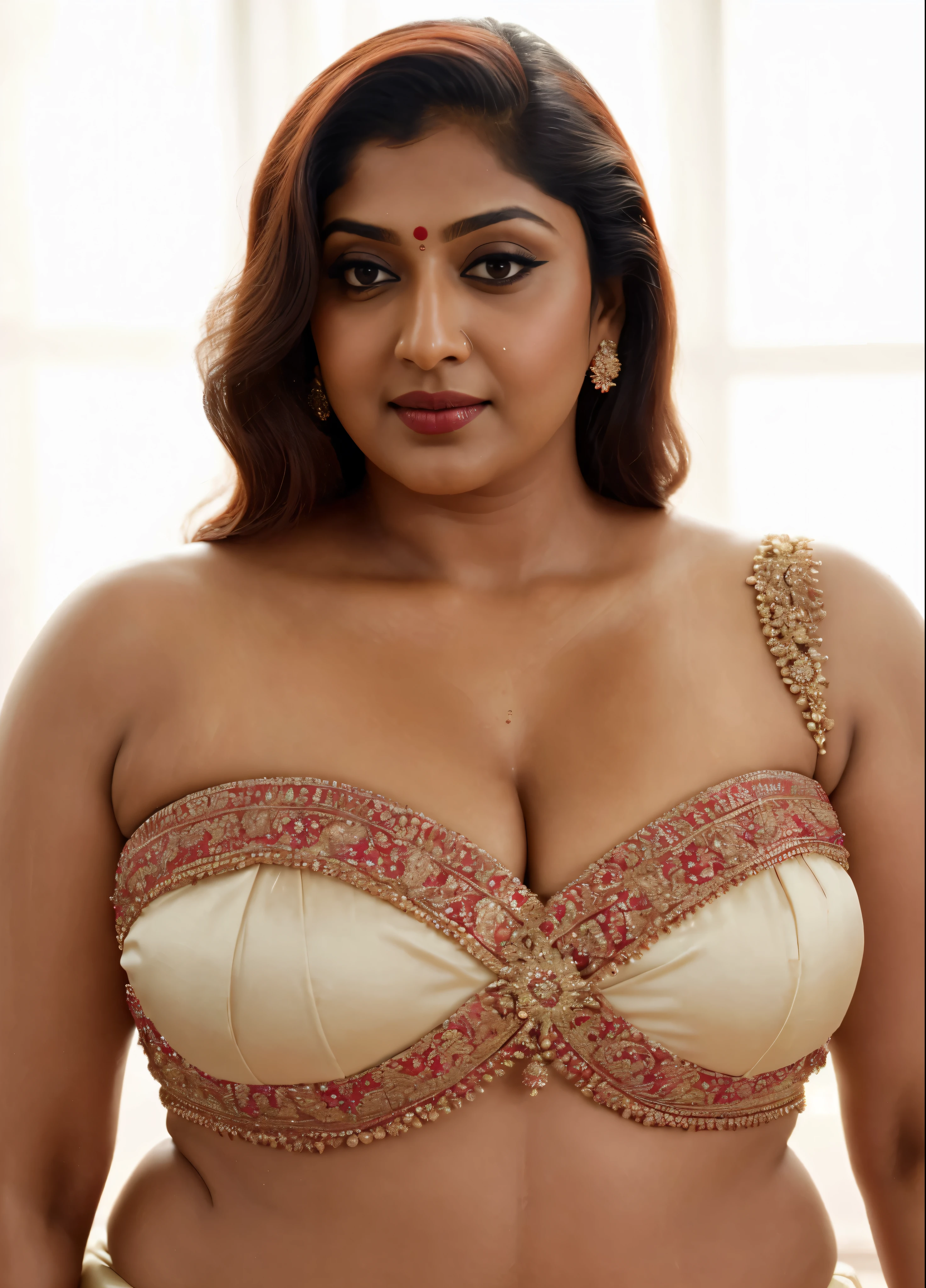Wearing a sexy satin saree with strapless Bra, sexy Indian housewife, Looks like Indian Actress Nayanthara, actress Nayanthara, mallu, mallu aunty, desi aunty, full figured mature beauty, sweaty skin , shining skin, sweat, attractive figure, 48 years old, spicy hot, desi milf, desi aunty, a close up of a woman in a red dress in a bedroom, inspired by Avigdor Arikha, sleek!!!, indian super model, wavy hair combed to one side, actress, by Jitish Kallat, smoldering, intense smoldering, fashion, an angel, print ready, with a dramatic looking, inspired by Sudip Roy, seductive look, sexy Saree queen, sexy Saree fashion, seductive Saree, wear saree, sizzling hot Beauty, red juicy lips, detailed armpits,