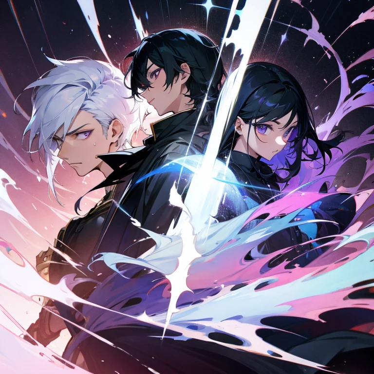 Create a book cover with an anime art style. The protagonists are a Black haired man with an eye prowess and a silver haired mage woman with purple eyes. 