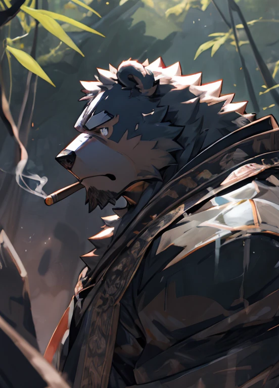 ((dramatic))epic, dynamic poses, Dynamic angle, a scene in, Extreme perspective and powerful composition, ridiculous, (super detailed), sharp focus, Genji, Eye, black Eye, hairy, white fur, 灰 and 会white fur, ,hairy (Bear Orc), muscular, Shy(Blush 1.3),super detailed face, (delicate Eye), 1 boy, Bamboo forest background,(smoking 1.2),silver armor,gray robe,(disheveled 1.4),(1.2)motion blur, (best quality), (masterpiece), high detail, high quality, Award-winning, High resolution, HD, 16K