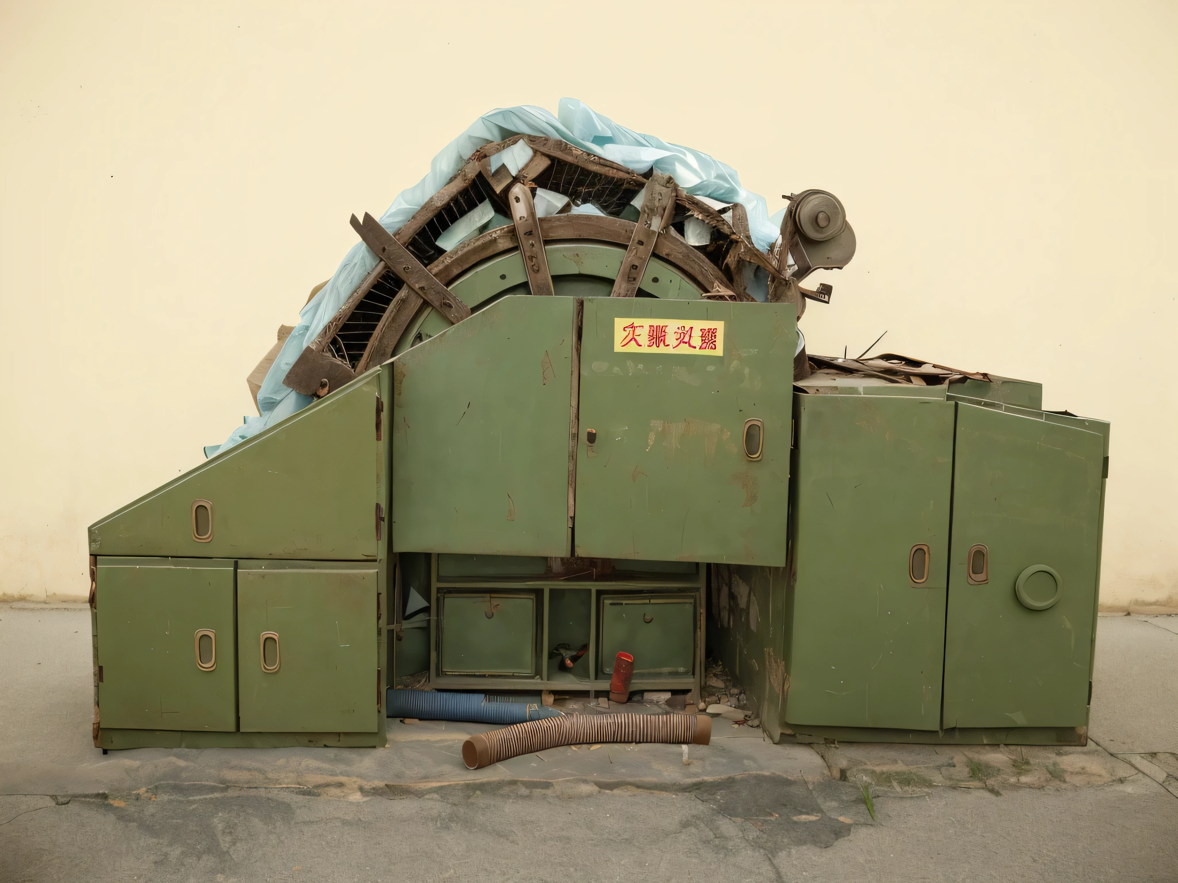 There is a machine,There is a lot of stuff on it, inspired author:ZHANG Kechun, The photo shows a large, after a war, author:ZHANG Kechun, qiu fang, Garbage disposal machinery, by Cheng Zhengkui, zhuoxin ye, damaged japanese clothes, mingchen shen, complex machinery, Abandoned Shinjuku garbage