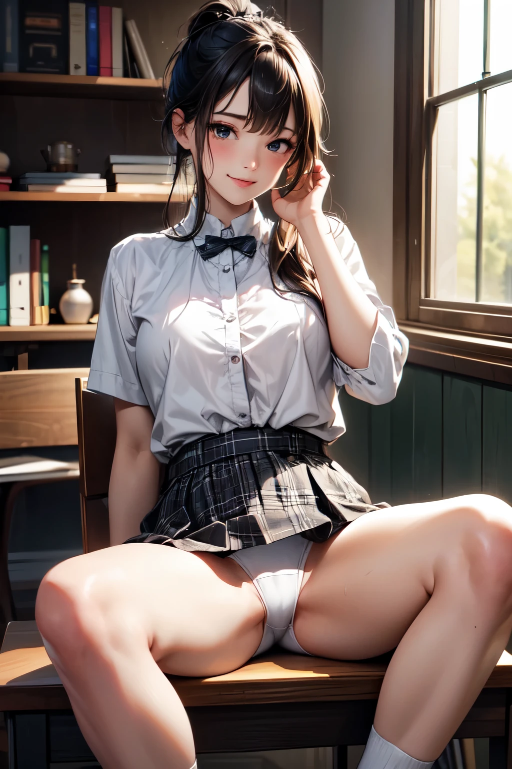 very cute and beautiful girl,(highly detailed beautiful face and eyes), (smile),blush,white blouse,ribbon,pleated plaid mini skirt, black hair,low ponytail,sitting,(spread legs,white panties), wooden classroom,many kind of curio antiqute items,dusty shelf, (best quality,masterpiece:1.0),absurdres,highres,ultra-detailed,extremely detailed,32k,8k resolution, intricate details,cinematic scene,detailed background,solo,dynamic angle,