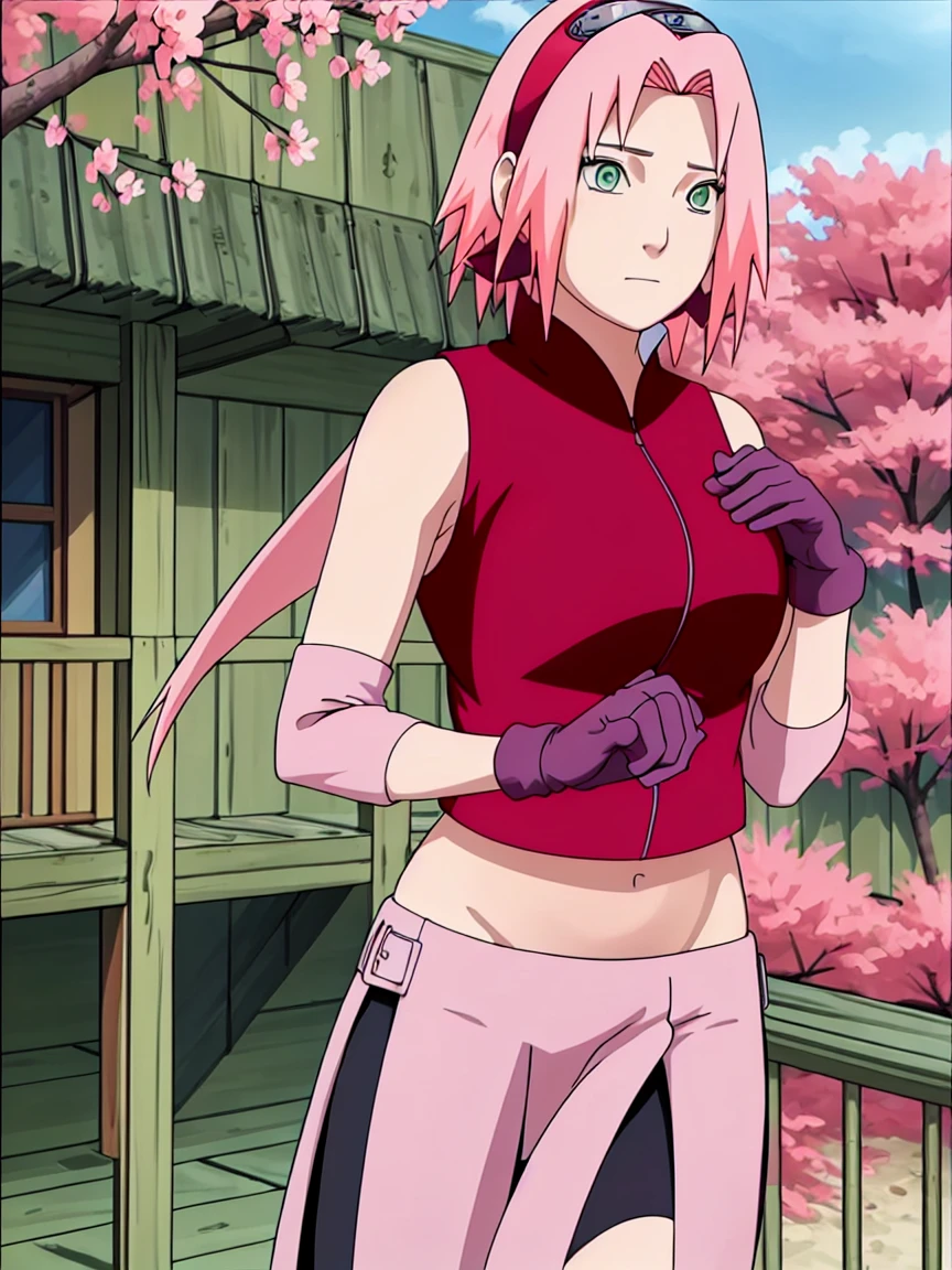High-quality, ultra-detailed, realistic artwork of a scene from "Sakura Shippuden" with vivid colors, perfect for 4K or 8K resolutions. The scene depicts Sakura Haruno, a young woman, standing gracefully in a garden surrounded by blooming sakura (cherry blossom) trees. She is wearing a red jacket embroidered with t(((removing her top and show her long belly and boobs))),(((((boobs are visible)))))((long belly)) the Hidden Leaf Village. Her leg is bandaged, indicating a recent injur, emphasizing her femininity and agility.
She has shoulder-length bangs that softly frame her face, revealing her beautiful, green eyes. Her face is adorned with a forehead protector, which bears the Konohagakure symbol, signifying her allegiance to her village. The artwork showcases Sakura's attention to detail, including her long eyelashes, detailed lips, and delicate features, capturing her determination and inner strength.
The lighting in the scene is soft and warm, casting a gentle glow on the petals of the sakura blossoms. The vibrant colors of the cherry blossoms contrast against Sakura's black short sleeves and gloves, adding depth to the composition. The overall color scheme leans towards pastel tones, enhancing the serene and tranquil atmosphere of the garden.
This masterpiece artwork aims to capture the essence of Sakura Haruno's character, portraying her as a confident, skilled kunoichi amidst the delicate beauty of the sakura garden. The attention to detail, vibrant colors, and realistic rendering will bring this scene to life, evoking the spirit of "Sakura Shippuden" in a visually stunning manner.