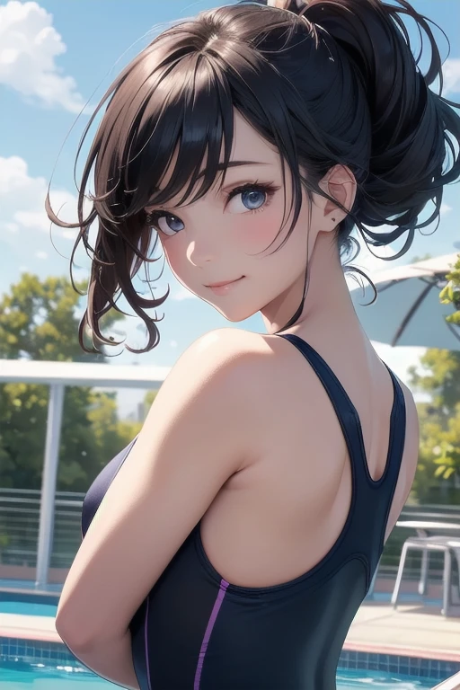 very cute and beautiful girl,,(very detailed美しい顔と目:1.2),blue school swimsuit, Are standing,stylish pose,looking at the viewer,Poolside,colorful flowers,distant school building,smile,black hair,dynamic angle, (highest quality,masterpiece:1.2),High resolution,very detailed,alone, hair blowing in the wind,beautiful detailed sky,(realistic),perfect hands,