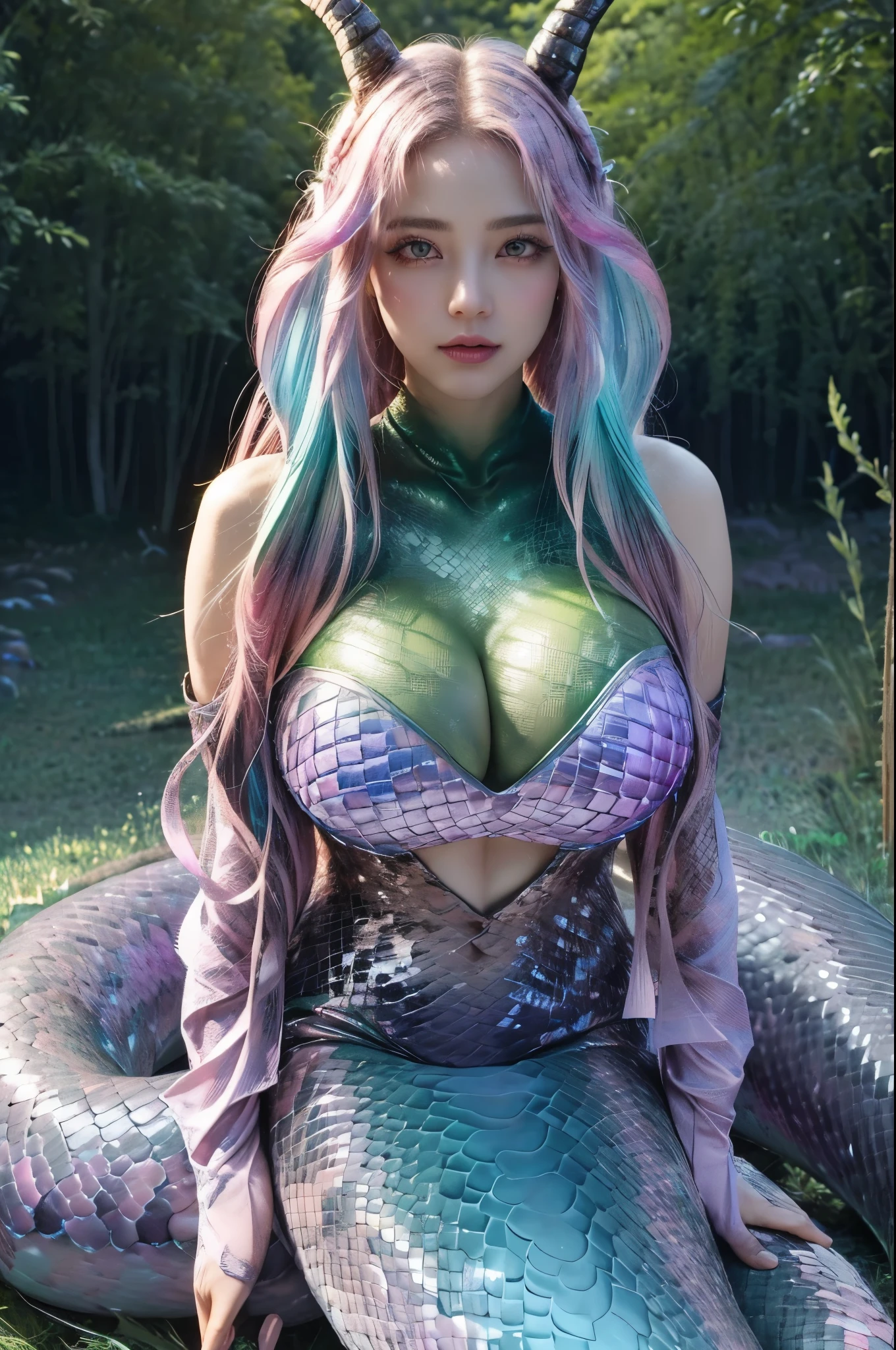 Detailed snakeskin, ( 1 girl ), just concentrate, (lamia), stoicism, monster girl, horns, braids, beautiful eyes, beautiful background, abandoned cabin, the forest, light particles, Sun rays, dramatic lights, outside, grass, leaves, бthe forestтящий (pink, blue, green gradient:1.5), realistic, masterpiece, Best quality, super detailed, detailed, landscape, beautiful detailed eyes, detailed hair, gloves, ( busty, big breasts),