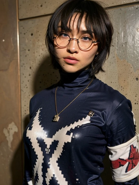 (A hyper-realistic), , (hight resolution), (8K), (ighly detailed), (The best illustrations), (beatiful detailed eyes), (top-quality), (ultra-detailliert), (masterpiece), (mortar wallpaper), (Detailed face), a park,Armpit, Thick,,,solo,Girl wearing dark blue long-sleeved turtleneck knit and striped shirt, full of sweat, japanes, ,Concrete background、Tile background、Upper body、Curly hair,Realistic eyes,Pixie Cut