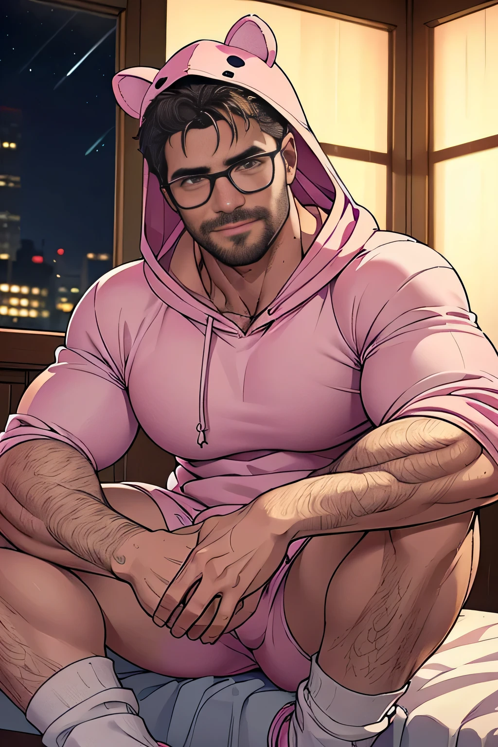 An award-winning original photo, imagine A wild muscular man, (40 years old daddy:1.1), 1boy, Solo, wearing pink animal costume, pajamas, hood, long sleeves, socks, (big shoulders), musculature, stubbles, Short beard, (Detailed face:1.3), (beautiful eyes:1.3), wearing glasses, big smile, Dynamic Angle, volumetric lighting, (Best quality, A high resolution, Photorealistic), Cinematic lighting, Masterpiece, RAW photo, Intricate details, hdr, depth of field, sitting on a bed, viewer looking, night time