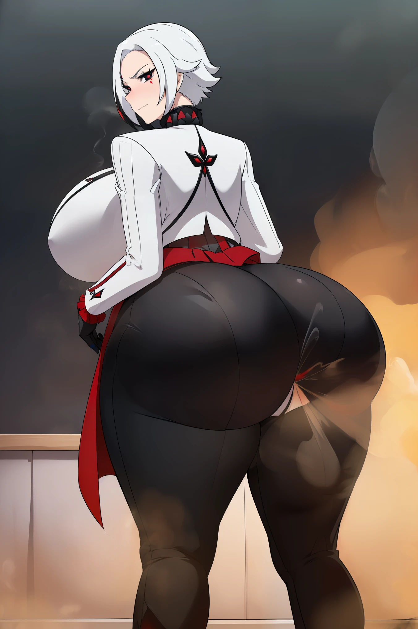 (top-quality, in 8K, 32K, masterpiece, A high resolution, Impressionism, Photorealsitic:1.2, anime style), (((((detailed faces and eyes, beautiful face, black eyes, red x-shaped pupils, cold expression))))), (((Masterpiece, 1 mature female, solo, Arlecchino, white and grey jacket with long sleeves, black trousers, high collar, formal suit, white hair with black streaks, black gloves))), Cinematic, (((( big belly, massive breast, massive ass)))) 4k, fantasy world ((((fart, farting, massive fart, back view)))),(((solo)))