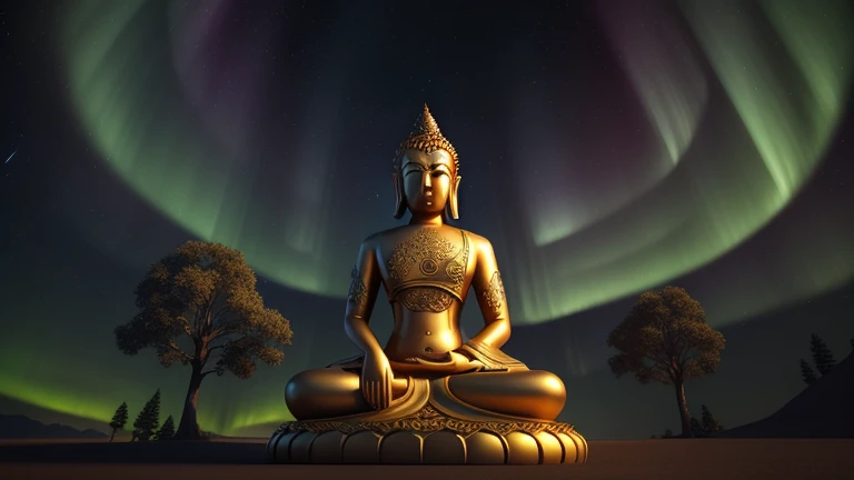 A mesmerizing 3D render of a divine-inspired Buddha figure, intricately tattooed with a dragon design on his chest, is found in a serene setting as he meditates beneath the majestic Tree of Life. The enchanting aurora borealis paints the scene with golden hues, imparting a mystical ambiance. In the backdrop, the Metatron's Cube stands as a symbol of cosmic balance against the intriguing dark fantasy-themed landscape. The harmonious integration of spiritual and dark components in the overall composition evokes a profound feeling of awe and fascination. (3d render, dark fantasy)

A strikingly