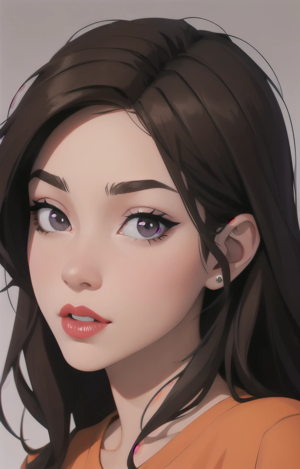 Girl, long brown hair, gray eyes, sharp features, white skin, orange lips, purple shirt