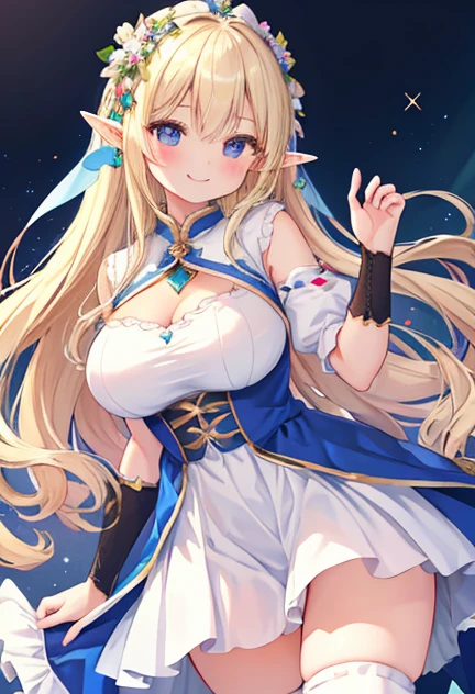 beautiful illustrations, highest quality, pretty girl,beautiful girl、clear face、 half girl、pastel colour ,blonde、black eyes、smile、blush、にこやかなsmile、thighs、elf、fantasy、fantasy、big breasts、Princess
