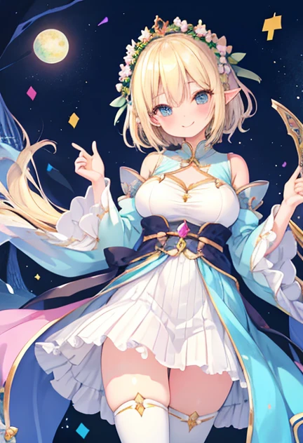 beautiful illustrations, highest quality, pretty girl,beautiful girl、clear face、 half girl、pastel colour ,blonde、black eyes、smile、blush、にこやかなsmile、thighs、elf、fantasy、fantasy、big breasts、Princess