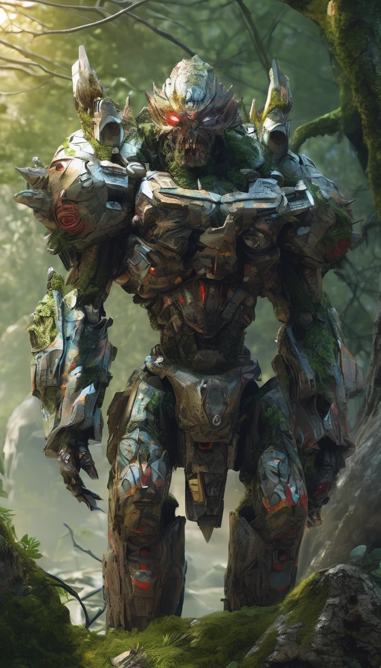 (an 8K,highres,ultra-detailed,masterpiece:1.2) ugly disfigured monster made of rocks, moss and wood (realistic,physically-based rendering) reflecting light in a mesmerizing way. Equipped with a powerful arsenal of futuristic weaponry, this (ultra-fine painting) masterpiece portrays the ultimate fusion of technology and warfare, radiating strength and power. Its (sharp focus) showcases the most intricate details of its armor, accentuating the futuristic design. The background is jungle, bathed in (vivid colors) that contrast the cold. The lighting is (studio lighting:1.1), casting dramatic shadows and enhancing the overall atmosphere. With an influence from (sci-fi) and (concept artists), this artwork transports us to a world where advanced technology and art converge, captivating our imagination and blurring the lines between reality and fantasy.