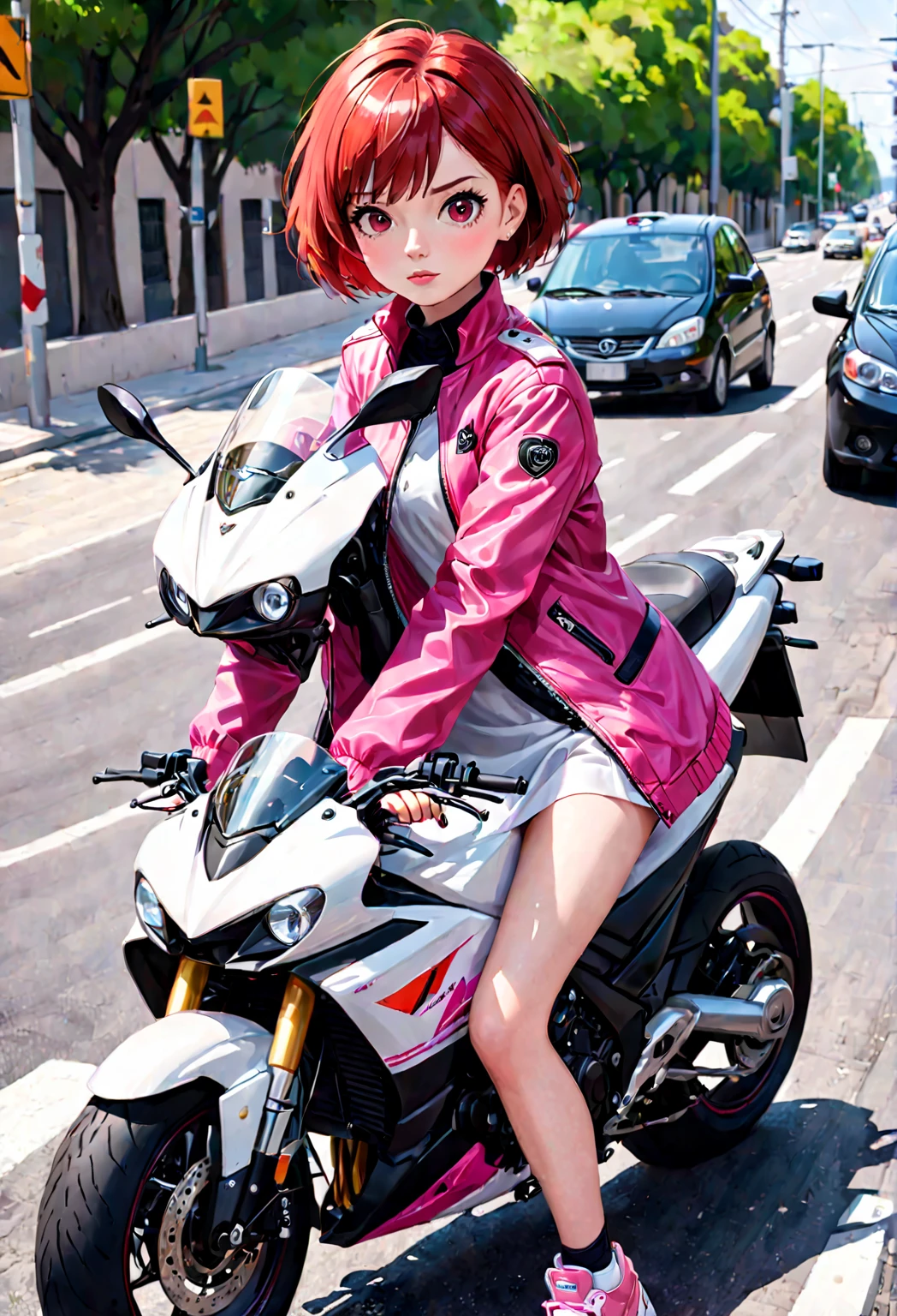 hay una mujer en una moto rojo, with short red hair and dark brown eyes, He is on a road and has a pink jacket., un vestido negro, zapatillas blancas