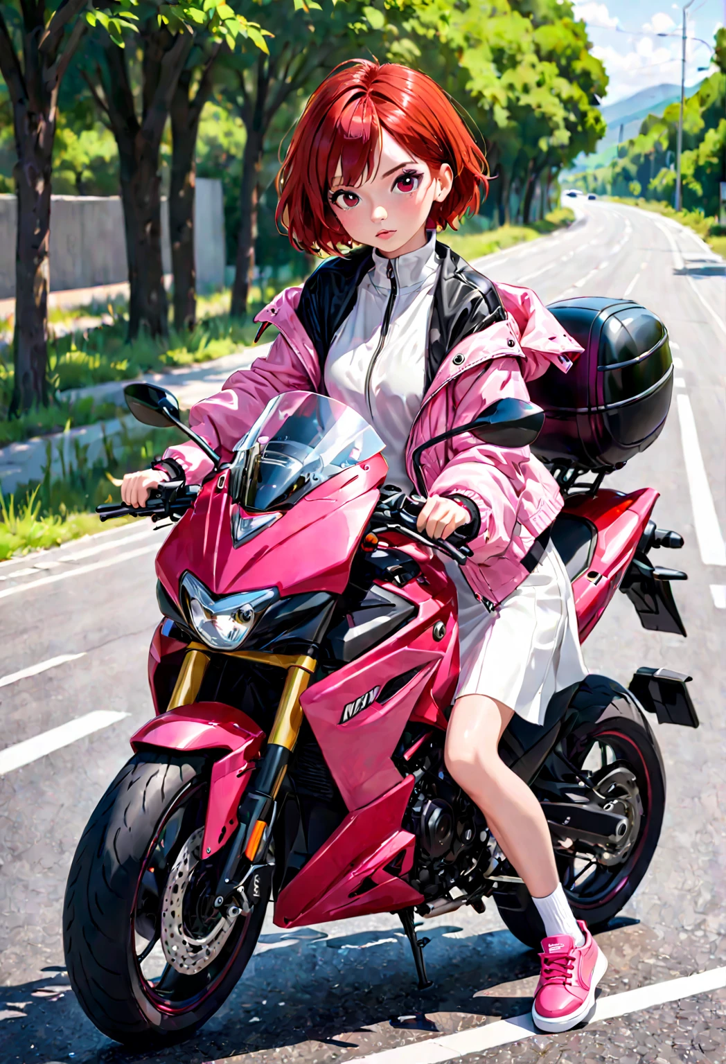 hay una mujer en una moto rojo, with short red hair and dark brown eyes, He is on a road and has a pink jacket., un vestido negro, zapatillas blancas