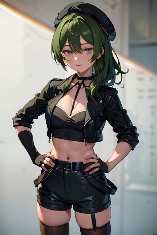 ubel,dark green hair,long hair,side ponytail,hair between eyes,bangs, BREAK (beret, black jacket, open clothes, cleavage, midriff, black shorts, black thighhighs, thigh strap, fingerless gloves, single glove:1.2) BREAK blurry background, BREAK pose, hand on hip, BREAK (masterpiece:1.2), best quality, high resolution, unity 8k wallpaper, (illustration:0.8), (beautiful detailed eyes:1.6), extremely detailed face, perfect lighting, extremely detailed CG, (perfect hands, perfect anatomy),
