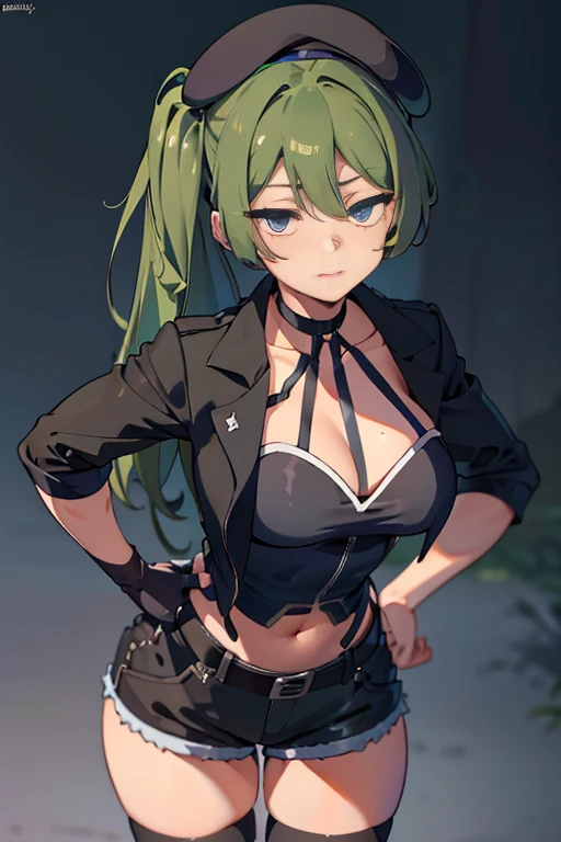 ubel,dark green hair,long hair,side ponytail,hair between eyes,bangs, BREAK (beret, black jacket, open clothes, cleavage, midriff, black shorts, black thighhighs, thigh strap, fingerless gloves, single glove:1.2) BREAK blurry background, BREAK pose, hand on hip, BREAK (masterpiece:1.2), best quality, high resolution, unity 8k wallpaper, (illustration:0.8), (beautiful detailed eyes:1.6), extremely detailed face, perfect lighting, extremely detailed CG, (perfect hands, perfect anatomy),
