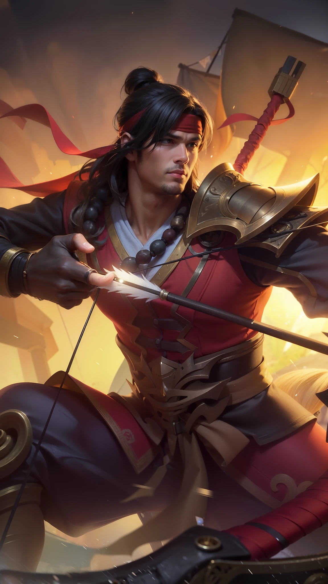 Young man with a bow and hand holding arrows, 8k, ultra hd, ultra detailed texture, hyper realistic, masterpiece, detailed texture, detailed face, detailed skin, detailed lighting, (photorealistic:1.5), best quality, beautiful lighting, cinematic lighting, professional lighting, ultra highres, realistic, detailed hair, real hair, high quality, (realskin:1.5), extremely detailed, finely detail, ultra-detailed, red bandana.