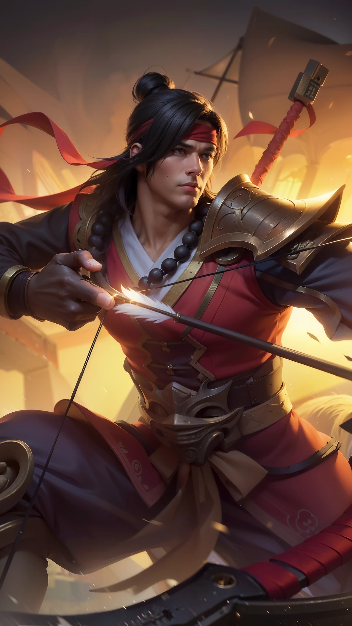 Young man with a bow and hand holding arrows, 8k, ultra hd, ultra detailed texture, hyper realistic, masterpiece, detailed texture, detailed face, detailed skin, detailed lighting, (photorealistic:1.5), best quality, beautiful lighting, cinematic lighting, professional lighting, ultra highres, realistic, detailed hair, real hair, high quality, (realskin:1.5), extremely detailed, finely detail, ultra-detailed, red bandana.