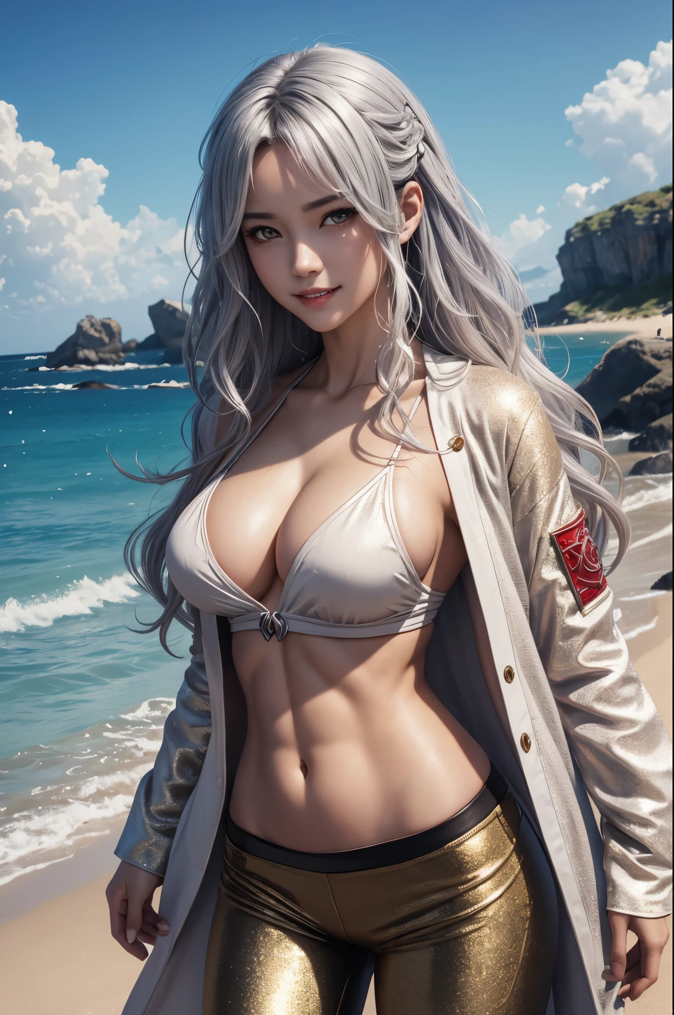 8K、sandy beachで赤いTシャツを身に着けた妖艶なサキュバス.,super beautiful(like the real thing)、red and black pants,Lady of Alafed,Beautiful wavy silver hair、big and full breasts、5d cgi anime fantasy artwork、Fan Art Mayo Art Station、デジタルfantasy art)、wallop loss draw、壮大なfantasy artスタイル、beautiful succubus、charm、Beautiful fangs、looking at the viewer、captivating gaze、laughter、masterpiece,masterpiece,Photorealistic RAW photos of the highest quality。bright colors,rich colors, Backlight, cinematic lighting, film grain, to be born, 50MM lens, Nikon D850,realistic skin,fantasy art,character art,ultra high resolution,realistic scale skin,goddess of evil,horn of evil god,Macho with a muscular slender body,Severely cracked abdominal muscles,golden eyes(Golden Glitter Effect),Severely cracked abdominal muscles(超realistic skin),smile,white shirt,Red and silver jacket,sandy beach,Martial Arts Posture,