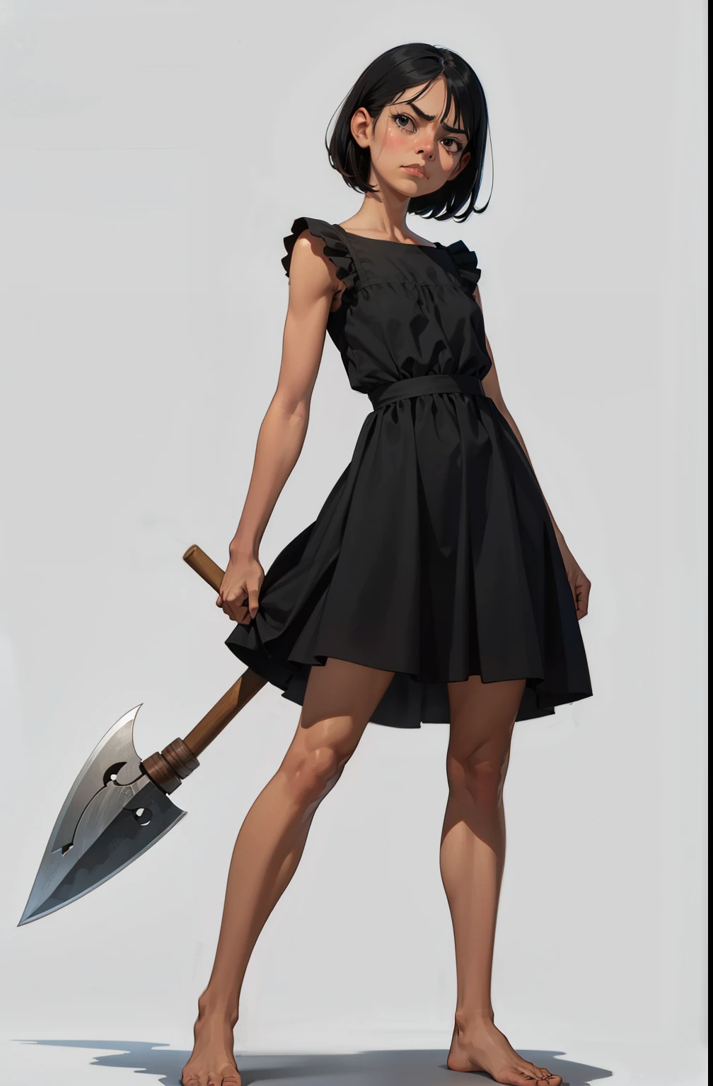 maquiagem, Lips are soft or colored, fundo preto simples, minimalismo, monotonous, paletas de cores vivas, girl, grumpy face, short dress, shows her feet, short black dress, straight hair tied up, attacks with a giant ax with both hands, perfect anatomy, dynamic pose, perfect hands, wind in the dress