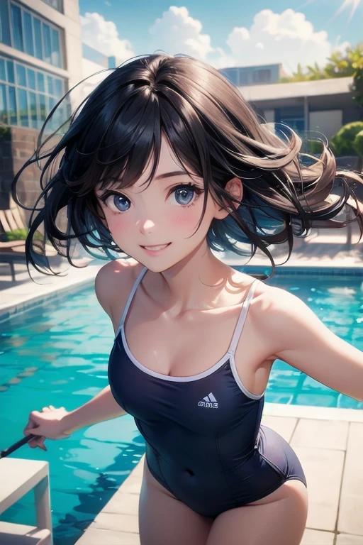 very cute and beautiful girl,(very detailed美しい顔),blue school swimsuit,
Are standing,leaning forward,Poolside,small colorful flowers,
(smile),Happy,looking at the viewer,black hair,cowboy shot,
(highest quality,masterpiece:1.2),disorganized,High resolution,Super detailed,very detailed,32k,
movie scene,detailed background,alone,dynamic angle,
hair blowing in the wind,beautiful detailed sky,