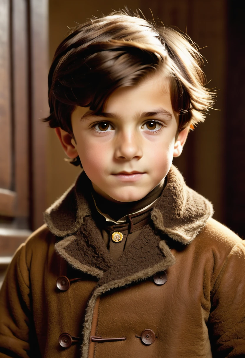 (highly detailed, soft light, photorealistic, dynamic light; cinematic); victorian-era; 1820s; 9 year old boy; English; square face-shape; brown eyes; chestnut-brown eyebrows; 1820s warm dark-brown woolen coat; short straight chestnut-brown hair in 1820's hairstyle; standing inside a cosy 1820s Canadian log cabin; looking at camera