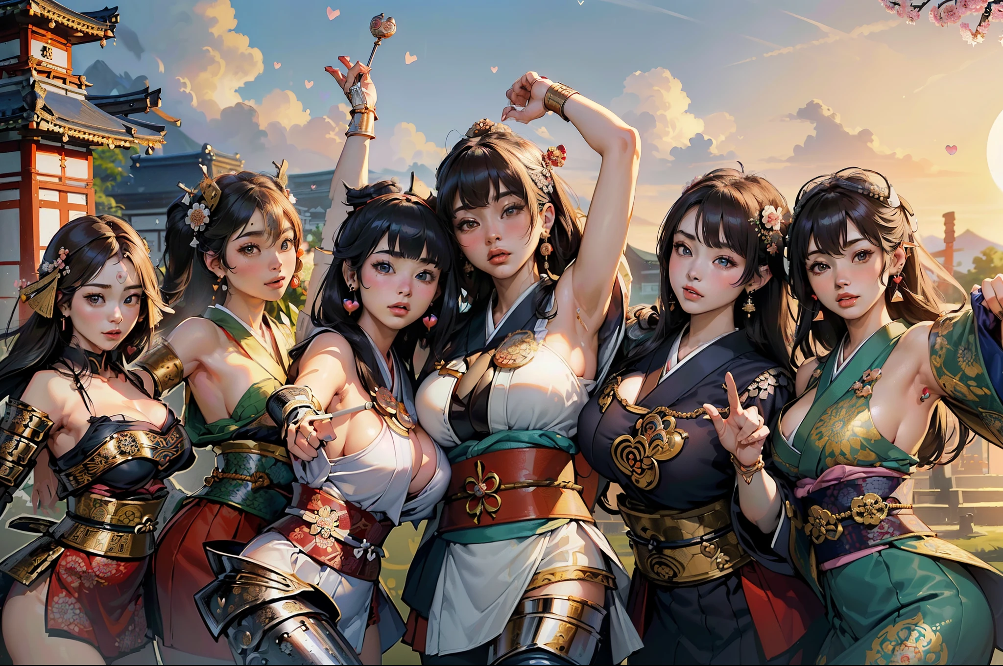 masterpiece,highest quality,ultra high resolution,(three women:1.5),(25 years old:1.2),stupid solution, Super detailed,(realistic:1.4,),(Twelve gods:1.4),(mandala:1.5),(Japanese god:1.5 ),(Medieval Japanese armor:1.5),(日本のkimono:1.5),(God's garment:1.4),(heart earrings:1.5),(kimono:1.4),(big breasts:1.4),(long hair:1.4),(Bunny girl:1.3)
