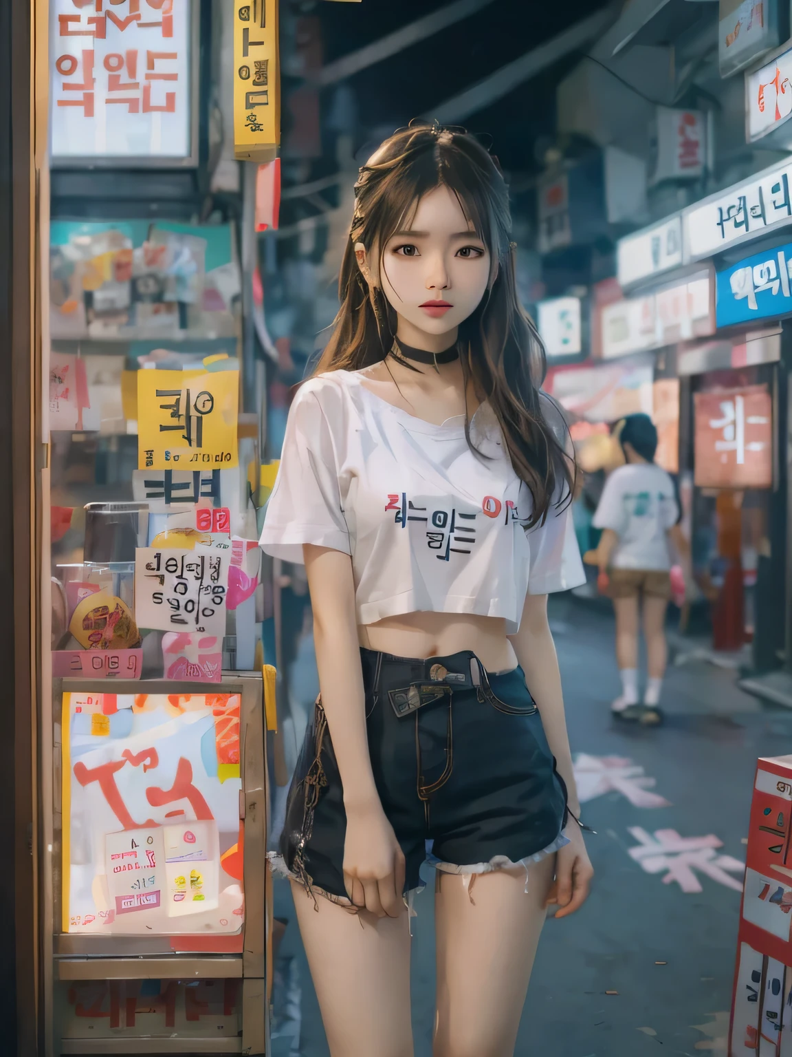 8K, top quality, （beauty）、high resolution, realistically, real person,night city、The signboard is very dazzling、Woman standing in front of stall on busy street、Pictures inspired by Yuumei、Unsplash Contest Winners、Realism、a korean girl、Urza、beautiful korean woman、Chinese girl、Korean popular makeup、korean women fashion model、Korean popular makeup、Beautiful young Korean woman、Street fashion on the streets of Japan、korean women、Japanese streetwear、shorts、Belly exposed T-shirt