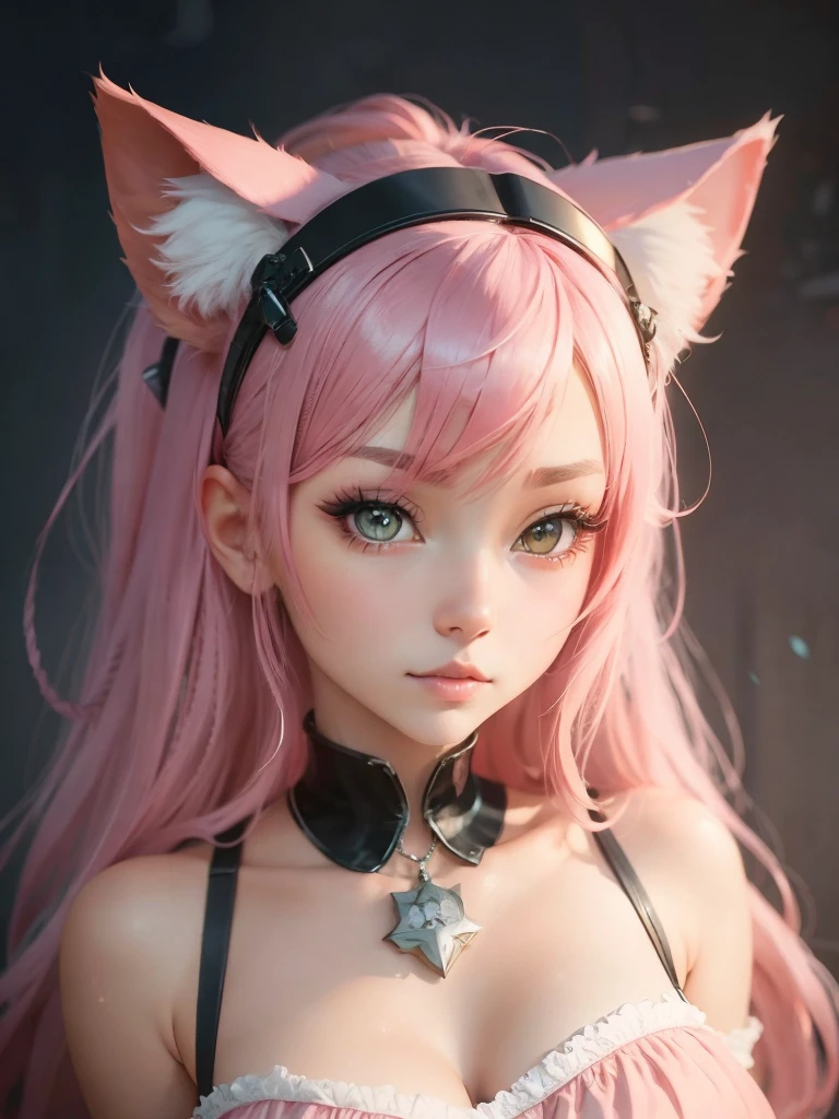 Pale skin, pink hair, fox ears, fox tail, golden ear piercings, silver eyes, voluminous eyelashes, soft mouth, female silhouette, small breasts, crispr genes, 8k, full HD, realistic