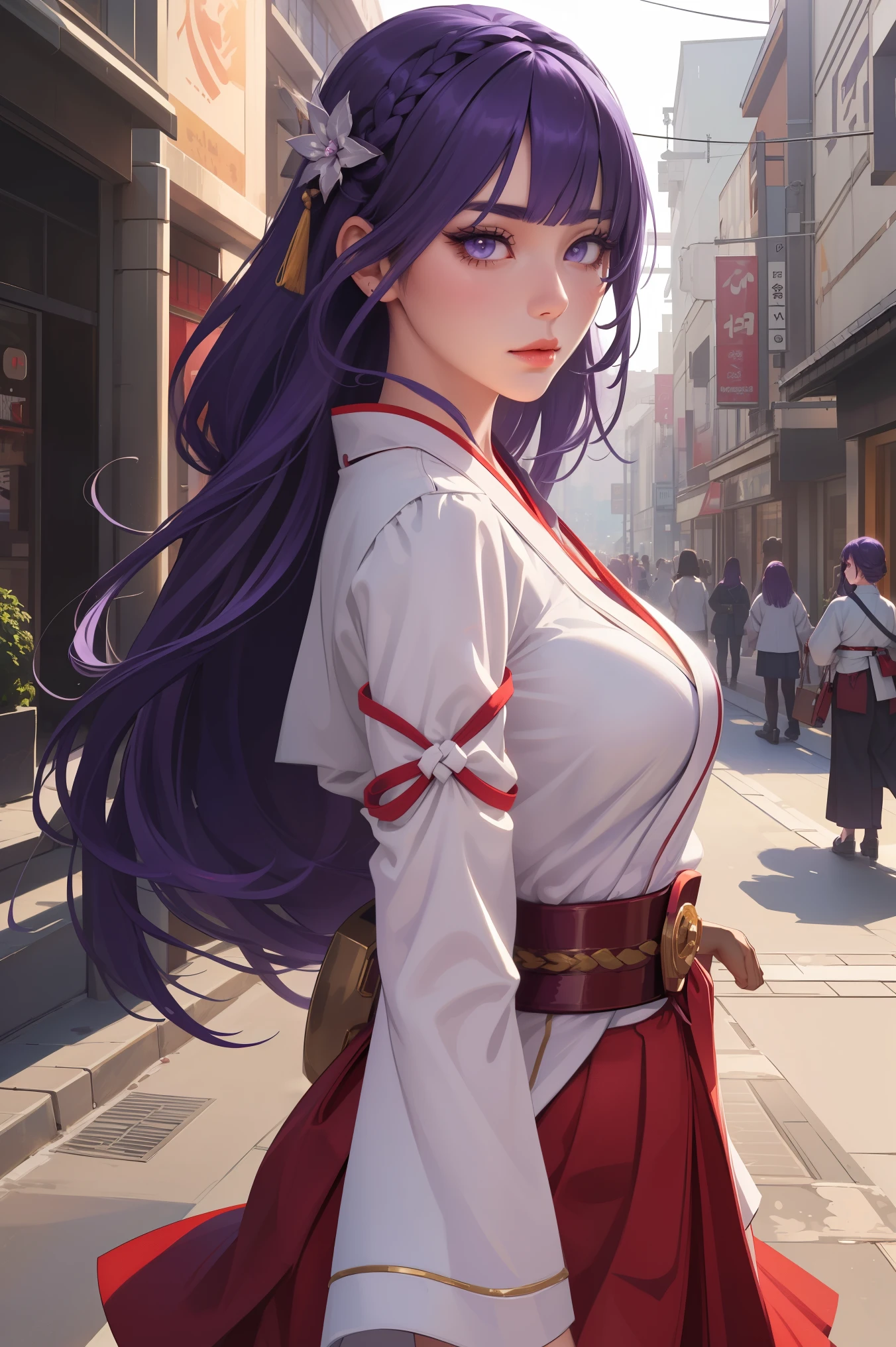 masterpiece,best quality, high resolution, (A busy city street in a modern city:1.4), Cinema lighting,1 girl, Thunder General, Detailed clothes, White clothes, blunt bangs, braid, (medium breasts:1.3),(Breast protrusion:1.3),split, wide-sleeved kimono, (hair accessories:1.3), white japanese clothes, (red belt:1.4), (purple hair:1.4), very long hair, straight hair, Detailed face, Cool face, (smooth jaw:0.85), Keep your mouth shut, long eyelashes, sharp vision, [looking at the audience|look back|look to the side] ,beautiful eyes, delicate eyes, thick eyebrows, red eye shadow, Symmetrical eyes, skirt, [Put your arms behind your back|hands on own chest], highly detailed back ground,(Photorealistic:1.35),dappled sunshine,[from the side|from behind|from below],