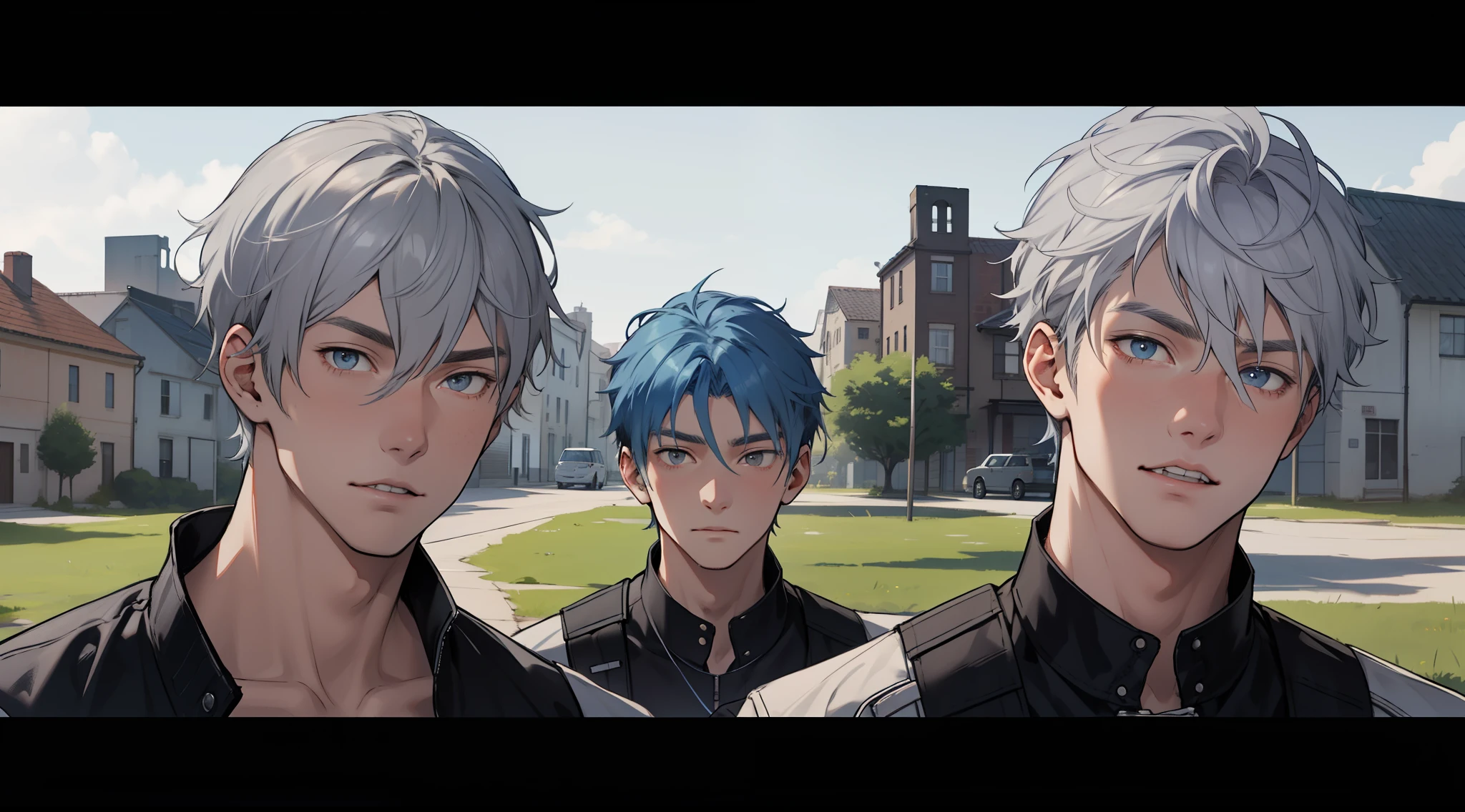 In the background is a silver city Two 15-year-old age friends with blue hair, With Latin skin and light gray hair on the outskirts of a large silver city they are talking about an important topic they are friends almost like brothers................