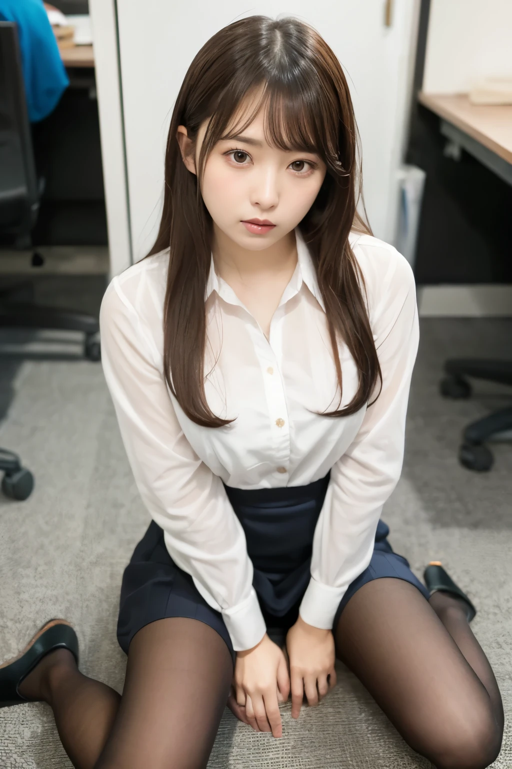 office girl,super realistic pantyhose:1.3, ulzzang-6500-v1.1, (Raw photo:1.2), (Photoreal), beautiful detailed girl, (genuine: 1.4), (muste piece), Puzzled, shame, shyness、