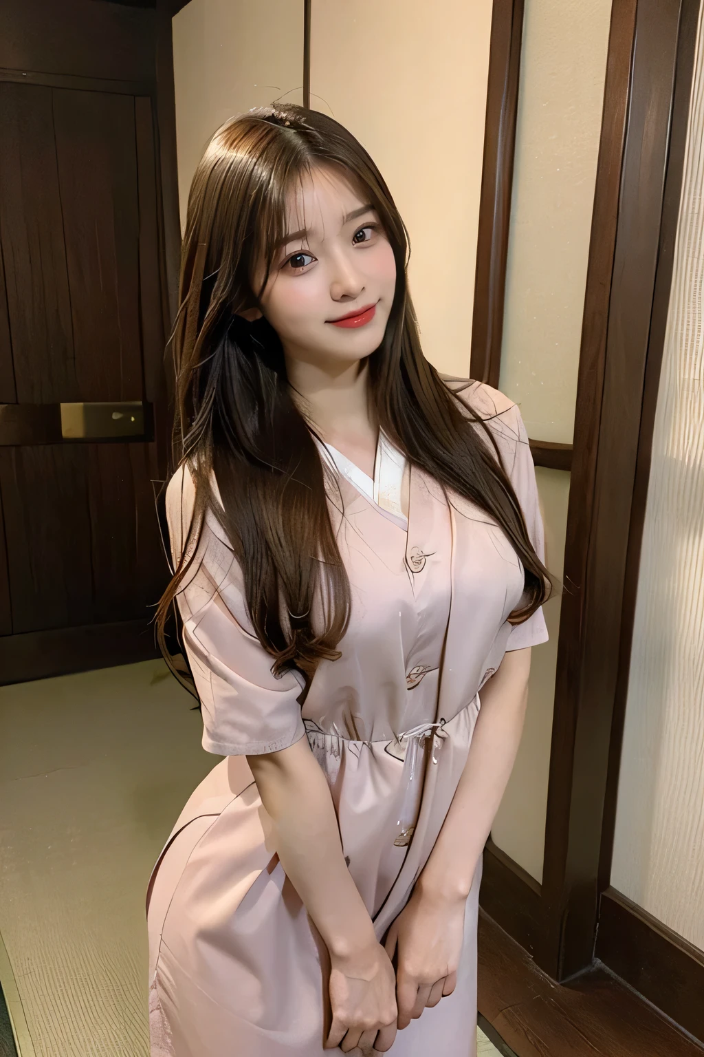 (best quality,realistic,full body shot,Kyoto,beautiful skin,detailed chest,elegant,dress,brown long hair,extremely detailed face in 8K,straight hair,smiling,perfect facial structure,flawlessly perfect lips,full body,beautiful body shape,perfect nose,beautiful eyes,alluring expression,ultimate masterpiece,beautiful girl,26-year-old Japanese woman,head held high,bashful face,cool beauty,fully captured from head to toe,long legs,standing,including feet,perfect fingers)