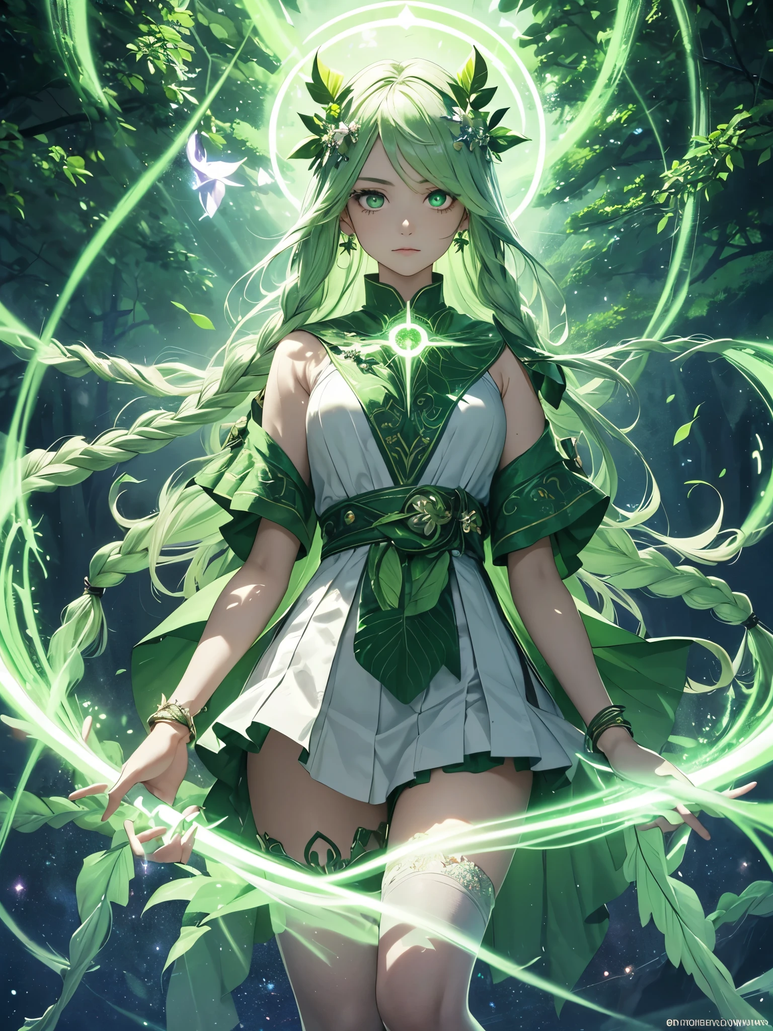 a goddess of life, mature look, mature body, (((leaf green hair streaked glowing green low twin super large long braids))), wavy hair, floating hair, hair strand, (((glowing phantom green eyes))), aqua eyes, pupils sparkling, longeyelashes, eye reflection, (((Glowing silver-green half-helmet))), ((A short skirt made of many leaves)), (Green thigh stockings), Leaf green boots, flower hairclip, flower earrings, glowing clothing masterpiece, (((Hand holding a huge branch-shaped staff with small flowers and leaves))), (((A large green glowing magic circle at your feet))), (((A huge leaf totem floats upright behind the back))), (((A halo composed of various greens on the head))), Many leaves are flying around the body, Random expressions, Random pose, (Floating on cloud), green god rays, Focus on face, Highly detailed face, high quality clothes, anime, Futurism, chiaroscuro, motion blur, sparkle, glowing light, reflection light, ray tracing, UHD, retina, ccurate, masterpiece, super detail, best quality, textured skin, super detail face, perfect face, Super fine facial details, beautiful and delicate eyes, perfect eyes, anatomically correct, correct limbs, correct figner, super detail figner, best hair quality, best clothing quality, best prop quality, best halo detail and quality, best magic circle detail and quality, complex halo detail,