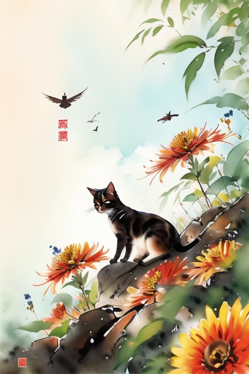 A place with lots of flowers、Cat３taking a nap。warm and sunny weather。Birds are also flying。