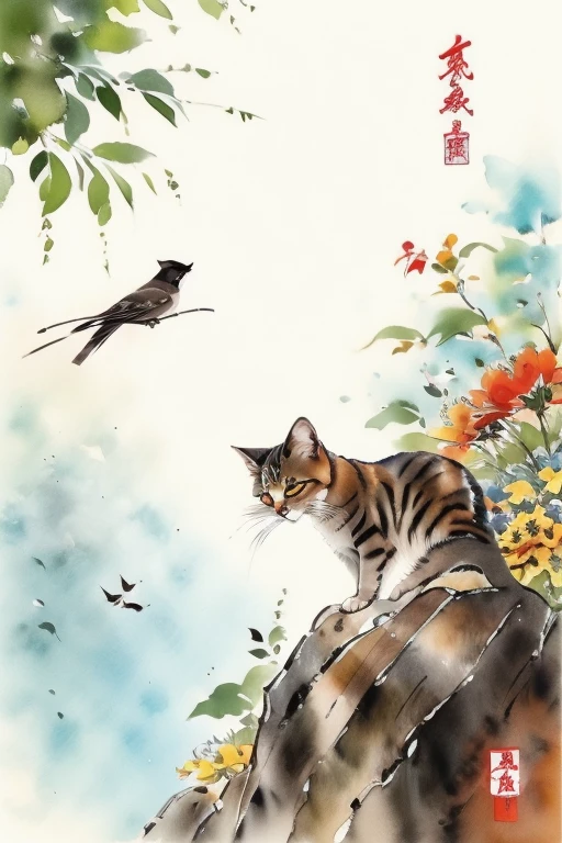 A place with lots of flowers、Cat3taking a nap。warm and sunny weather。Birds are also flying。