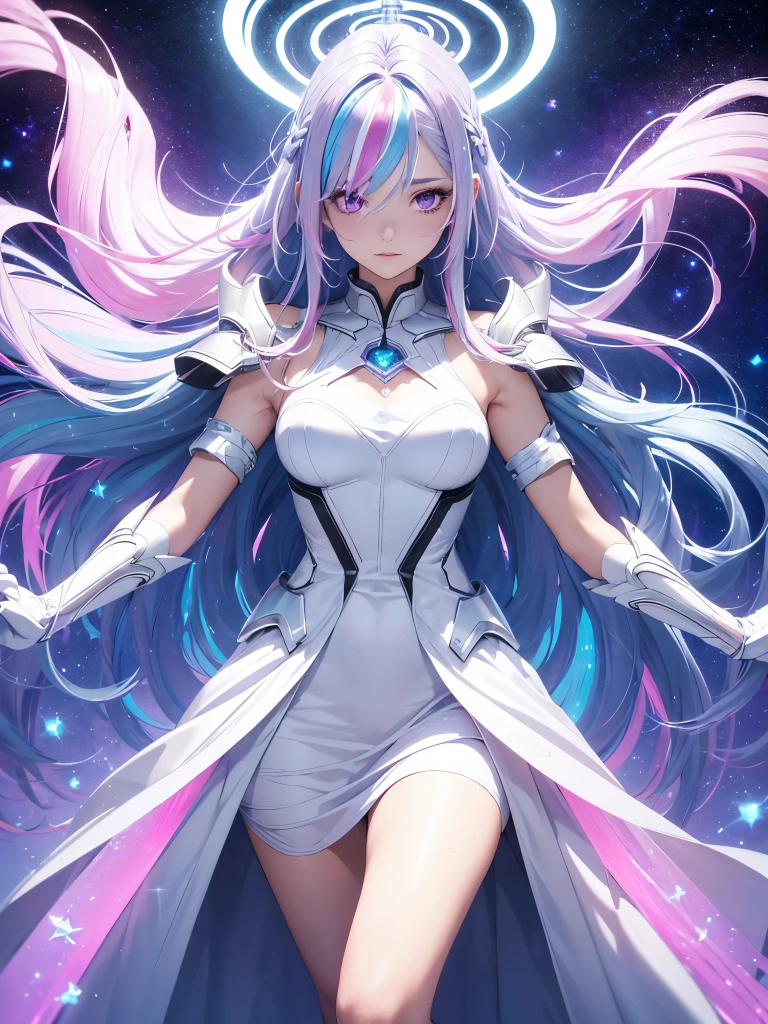 a goddess of light, (Silver blue hair streaked pink purple:1.4), (Gradient sky blue hair ends:1.6), hair strand, absurdly long hair, single sidelock, wavy hair, shiny hair, floating hair, (glowing Illusion deep purple eyes), delicate eyes, aqua eyes, High like real eyes, ((glowing eyes)), makeup, Focus on face, Very detailed facial, hot body, Random environment, Random pose, on the street, looking at the starry night sky, meteor, glowing clothing masterpiece, (((pure White extra long floating skirt and silver white armor))), (((floating several glowing colored cross stars beside))), Colored lights swirl around the body, (((glowing Extra large Illusion multiple complex magic circle stand upright floating on the back of the head))), full body shot, realism, chiaroscuro, (glowing light), sparkle, ray tracing, cinematic lighting, Futurism, motion blur, Ultra-Wide Angle, god rays, atmospheric perspective, best quality, UHD, super detail, masterpiece, highres, ccurate, retina, textured skin, super detail face, perfect face, Super fine facial details, beautiful and delicate eyes, perfect eyes, anatomically correct, correct limbs, correct figner, super detail figner, best hair quality, best clothing quality, best prop quality, best halo detail and quality, best magic circle detail and quality, complex halo detail,