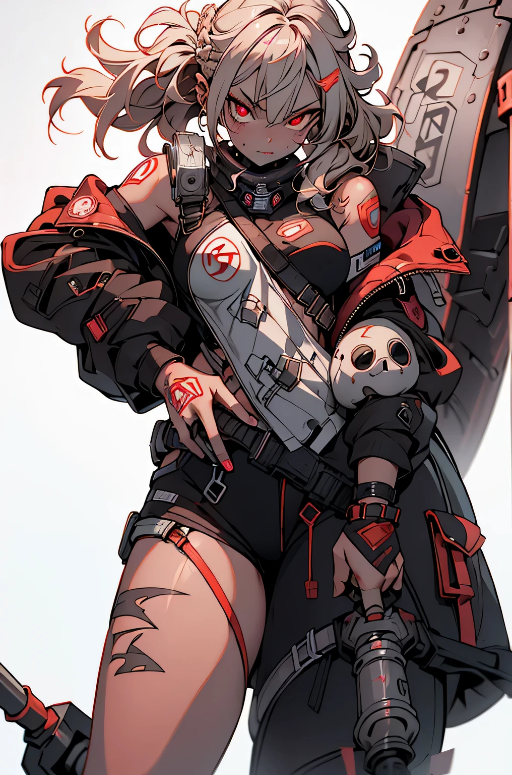 1girl, rebecca \(cyberpunk\), full body, solo, blonde braid hair, glowing red eyes,laugh fearlessly, leg tattoo, neck tattoo,  large chest, black bra, thong, red pupils, skin fang, red eyes, black jacket, ((carry a big hammer on your shoulder、white background:1.35))、dynamic angle、dynamic pose、