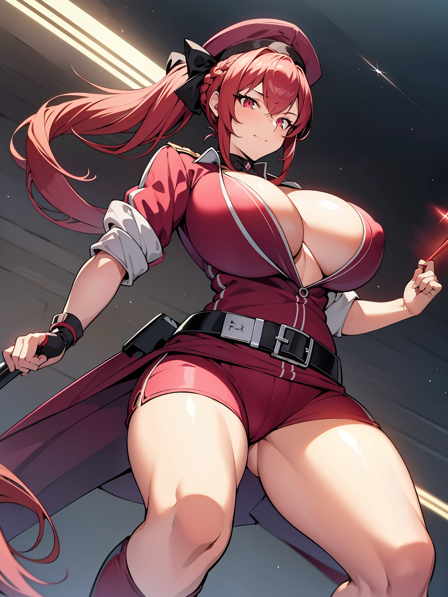 florence nightingale, florence nightingale, pink hair, long hair, (red eyes:1.5), Hair Braid, side lock, folded ponytail, Single Braid, Braid, Braided ponytails,brake belt, bikini, black footwear, black hat, Knee-high boots, garrison cap, gloves, 緑bikini, Green gloves, green knee socks, have, layered bikini, マイクロskirt, Official alternate costume, Purple belt, 紫bikini, revealing clothes, short sleeve, skirt, swimsuit, thigh boots, thighs thighs thighs,break looking at viewer,rest indoors,break (table top:1.2), highest quality, High resolution, unity 8k wallpaper, (figure:0.8), (detailed and beautiful eyes:1.6), highly detailed face, perfect lighting, Highly detailed CG, (perfect hands, perfect anatomy),naughty big、big and full breasts、