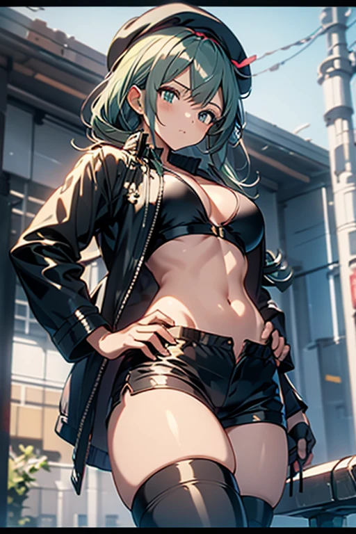 ubel,dark green hair,long hair,side ponytail,hair between eyes,bangs, BREAK (beret, black jacket, open clothes, cleavage, midriff, black shorts, black thighhighs, thigh strap, fingerless gloves, single glove:1.2) BREAK blurry background, BREAK pose, hand on hip, BREAK (masterpiece:1.2), best quality, high resolution, unity 8k wallpaper, (illustration:0.8), (beautiful detailed eyes:1.6), extremely detailed face, perfect lighting, extremely detailed CG, (perfect hands, perfect anatomy),