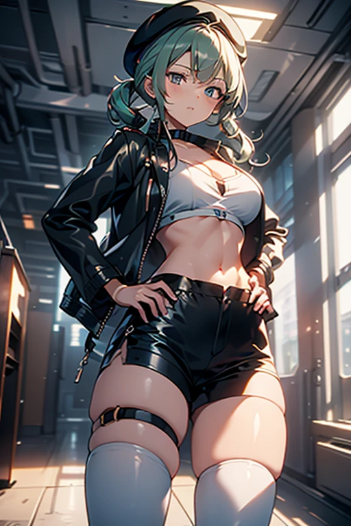 ubel,dark green hair,long hair,side ponytail,hair between eyes,bangs, BREAK (beret, black jacket, open clothes, cleavage, midriff, black shorts, black thighhighs, thigh strap, fingerless gloves, single glove:1.2) BREAK blurry background, BREAK pose, hand on hip, BREAK (masterpiece:1.2), best quality, high resolution, unity 8k wallpaper, (illustration:0.8), (beautiful detailed eyes:1.6), extremely detailed face, perfect lighting, extremely detailed CG, (perfect hands, perfect anatomy),
