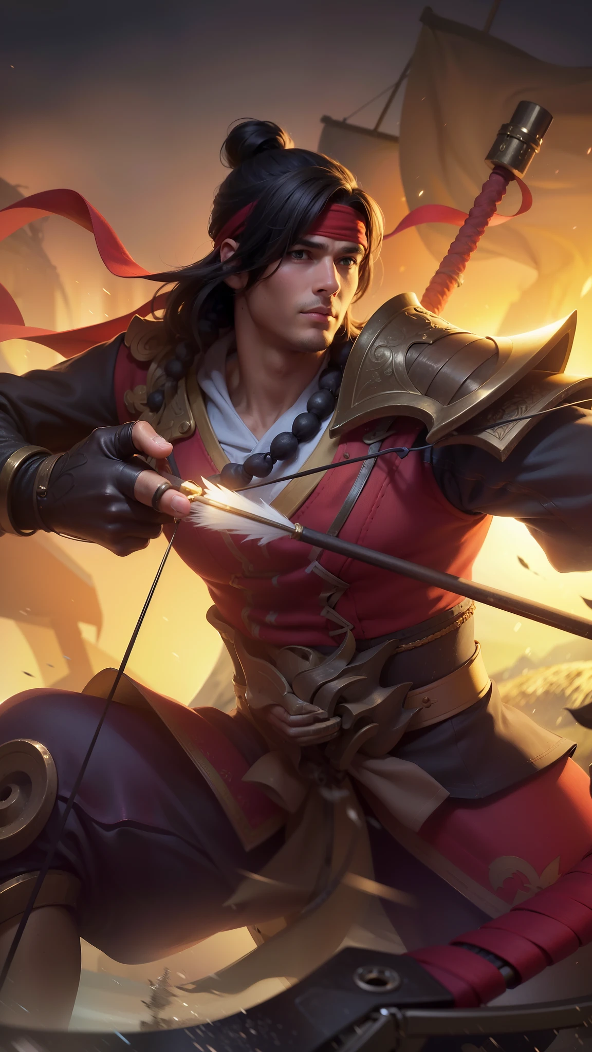 Young man with a bow and hand holding arrows, 8k, ultra hd, ultra detailed texture, hyper realistic, masterpiece, detailed texture, detailed face, detailed skin, detailed lighting, (photorealistic:1.5), best quality, beautiful lighting, cinematic lighting, professional lighting, ultra highres, realistic, detailed hair, real hair, high quality, (realskin:1.5), extremely detailed, finely detail, ultra-detailed, red bandana.
